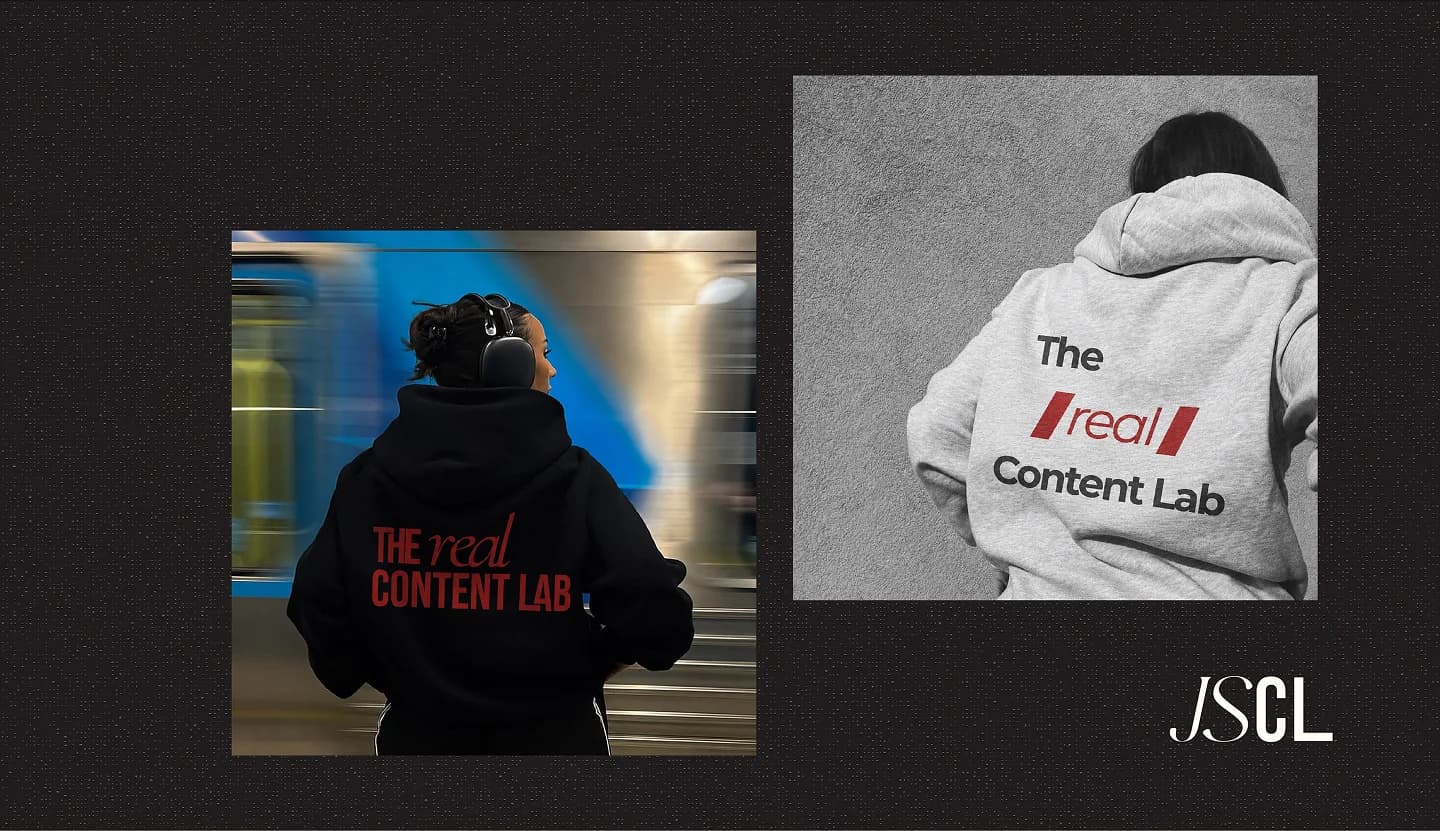 Sudaderas negras y grises con la identidad The Real Content Lab
