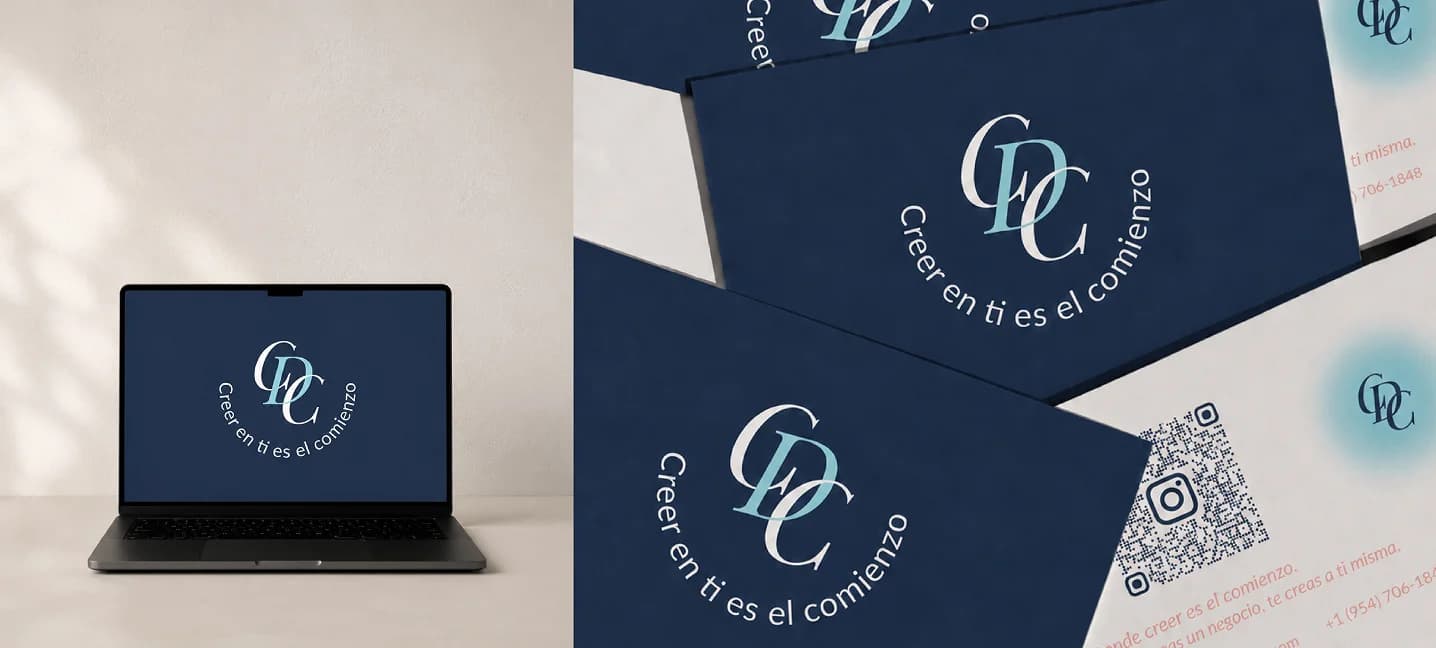 Identidad de Crea desde Cero aplicada en una laptop y tarjetas de presentación