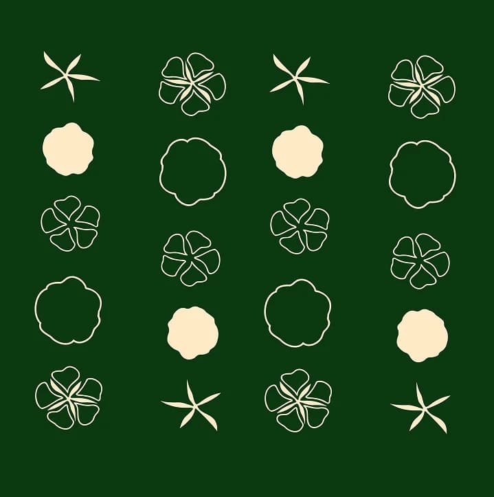 Patrón gráfico de Jaze con símbolos florales en verde y crema