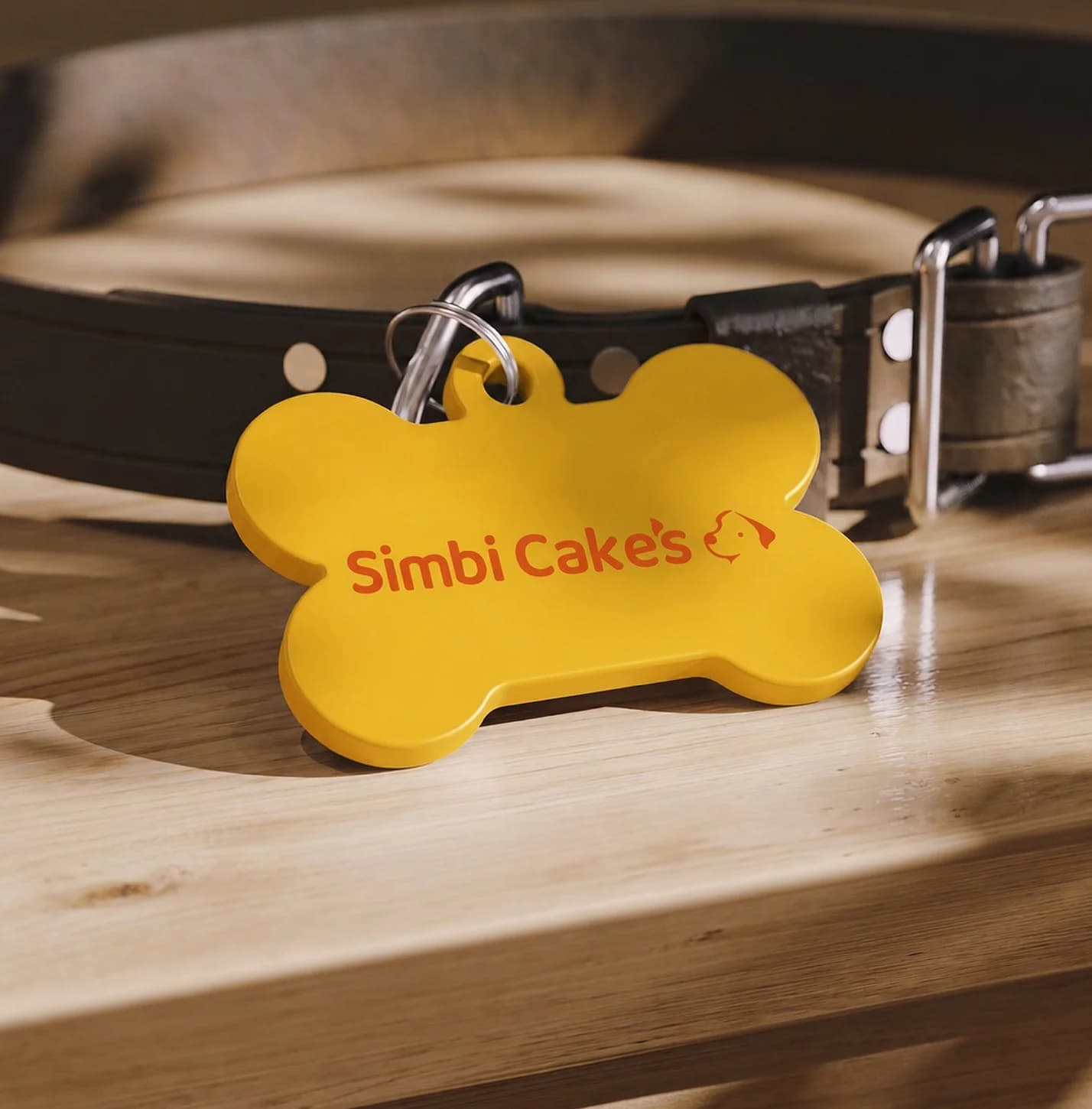 Placa amarilla con forma de hueso y logotipo de Simbi Cakes