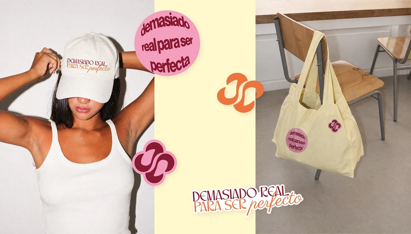 Aplicaciones de Veritomom en gorra, bolsa de tela y mensajes de marca